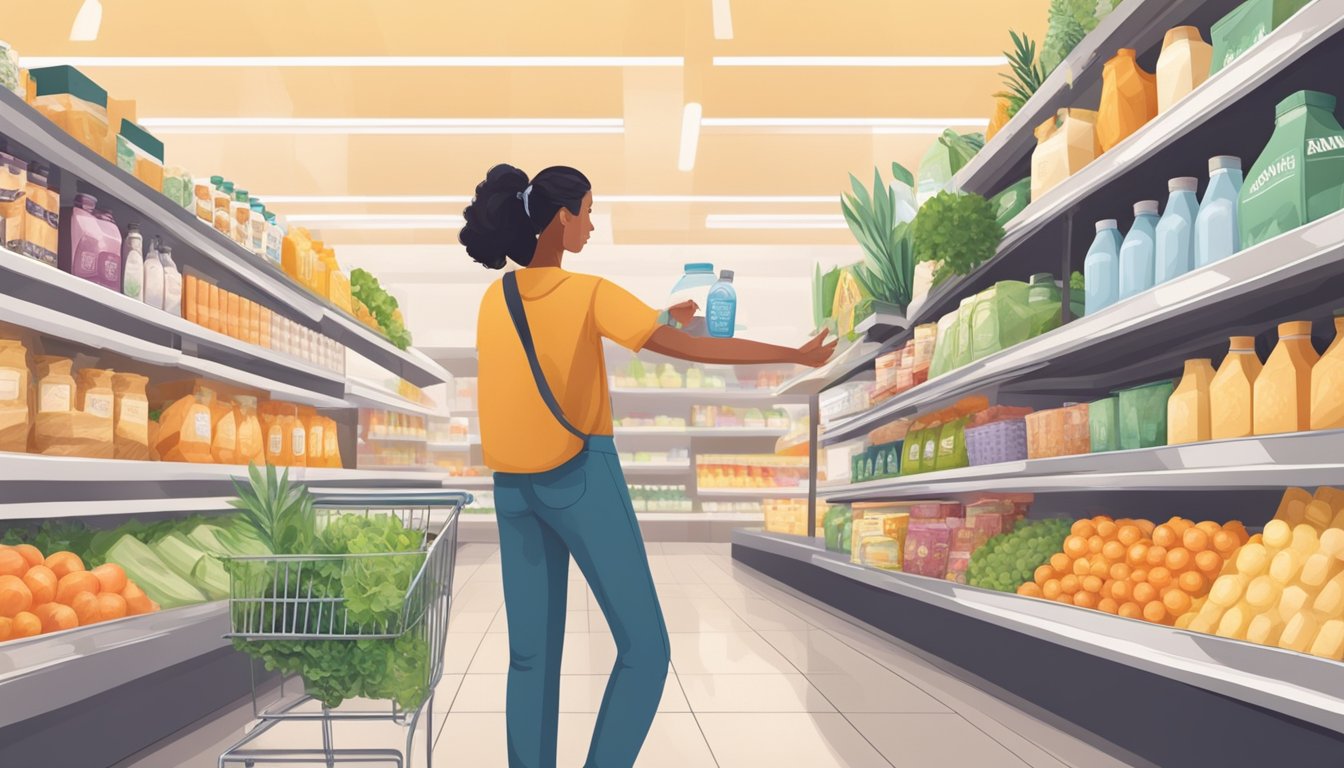 A person avoiding dairy products, reaching for a plant-based milk alternative in a grocery store