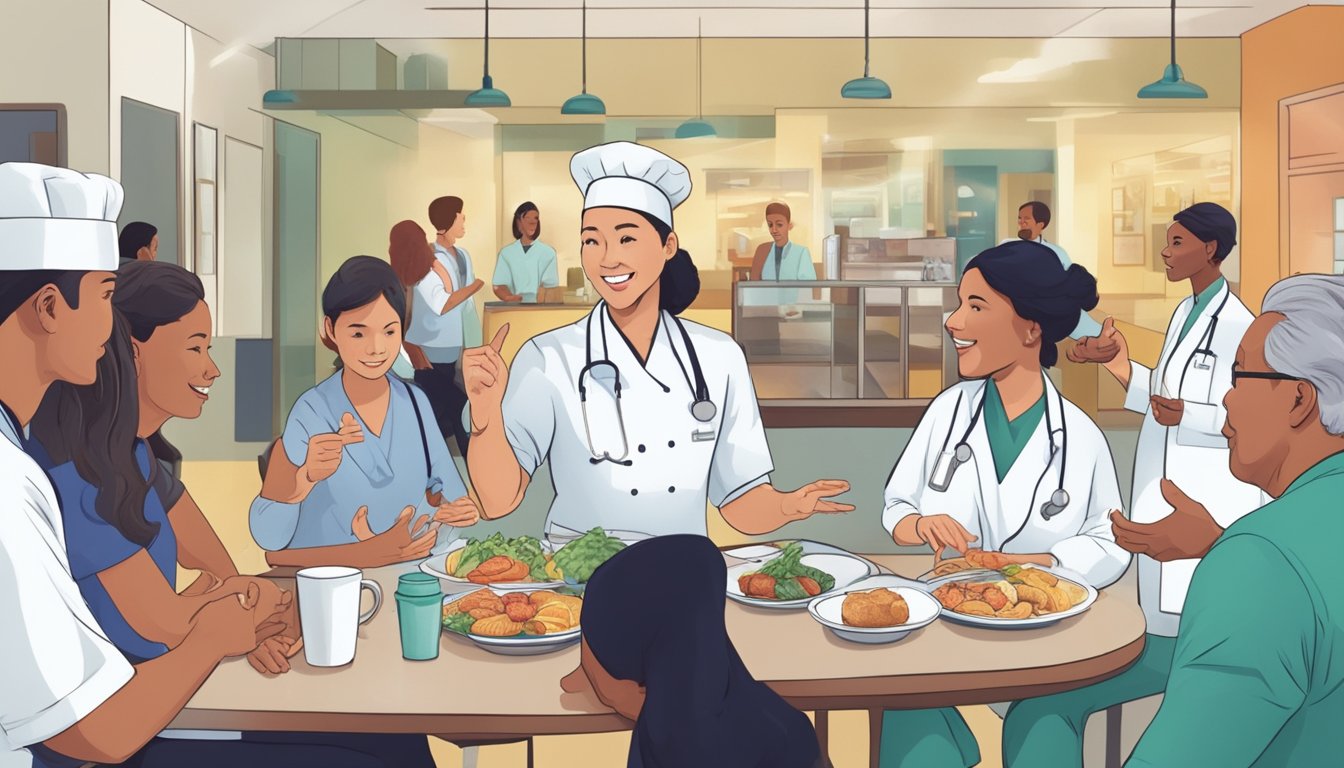 A person speaking with a group of health professionals, gesturing towards a restaurant setting with various food options