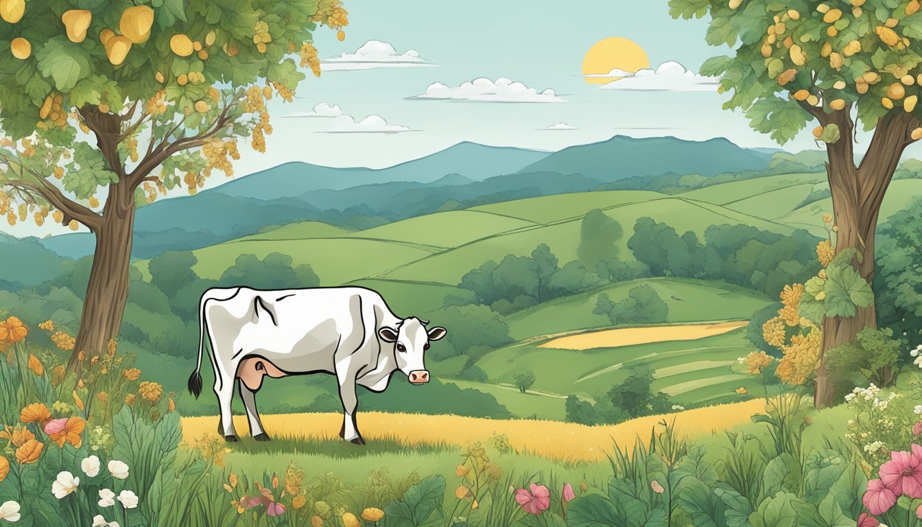 A cow grazing in a field with a variety of non-dairy sources of B vitamins such as fortified cereals, nuts, and leafy greens surrounding it