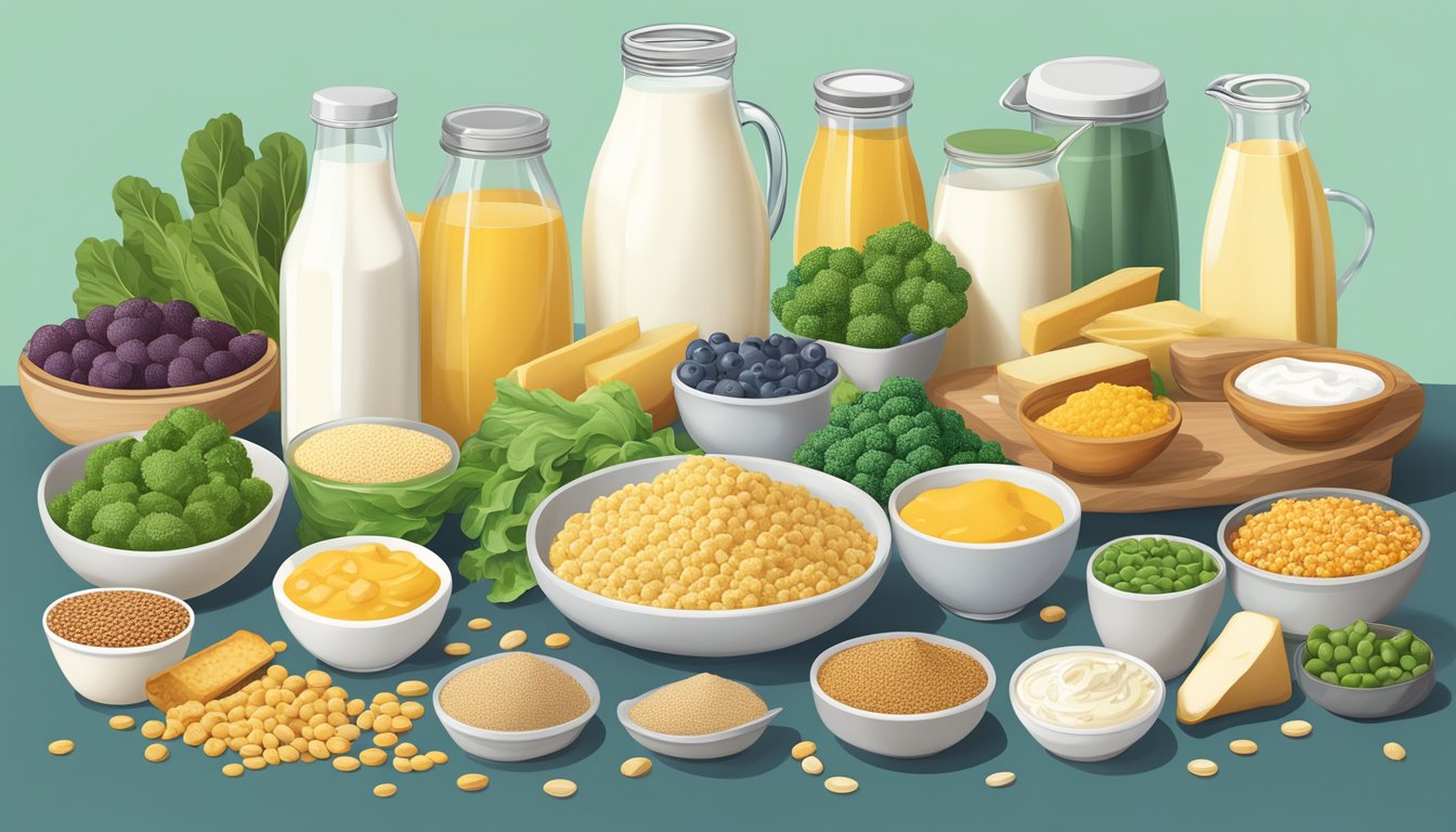 A colorful array of non-dairy foods rich in B12, such as fortified cereals, plant-based milk, nutritional yeast, and leafy greens, arranged on a table