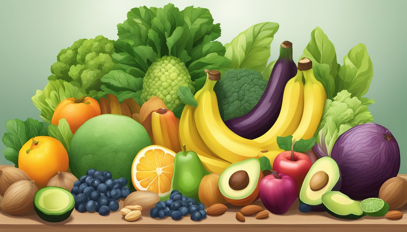 A variety of colorful fruits and vegetables arranged on a table, including leafy greens, bananas, avocados, and nuts