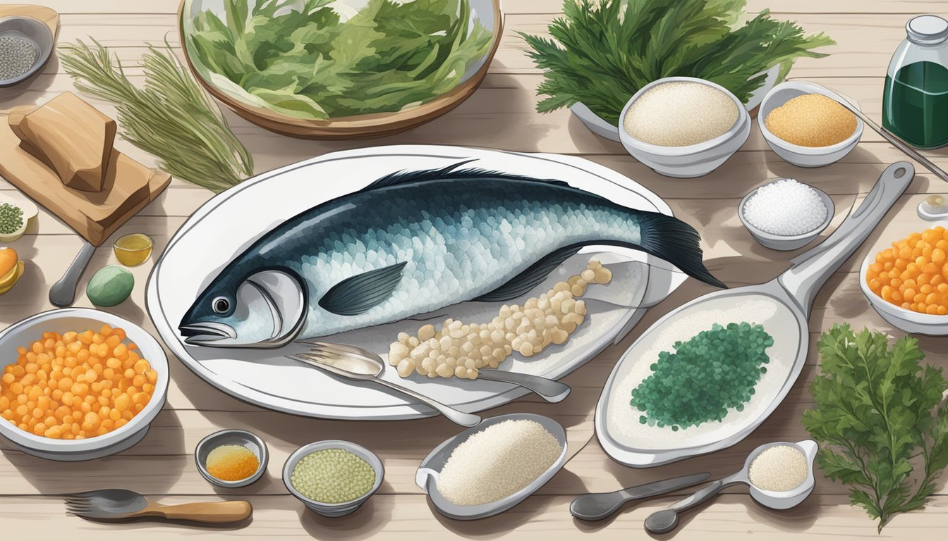 A variety of iodine-rich foods such as fish, seaweed, and iodized salt displayed on a kitchen table