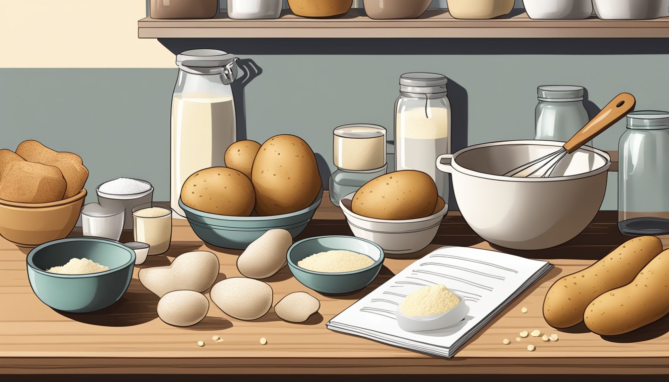 A kitchen counter with ingredients for lactose-free bread: potatoes, flour, yeast, salt, and a mixing bowl. A recipe book open to a page on bread-making