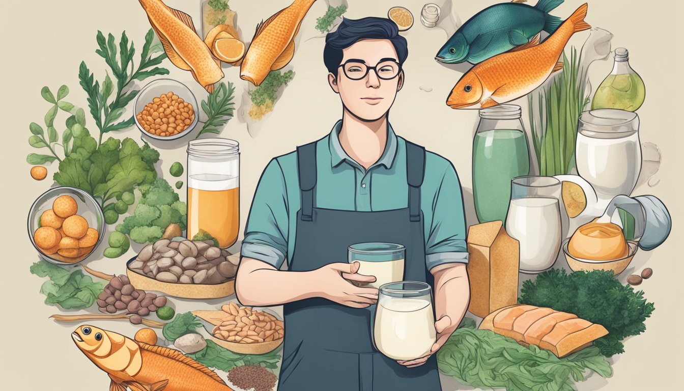 A person with lactose intolerance holding a variety of iodine-rich foods like fish, seaweed, and fortified non-dairy milk alternatives