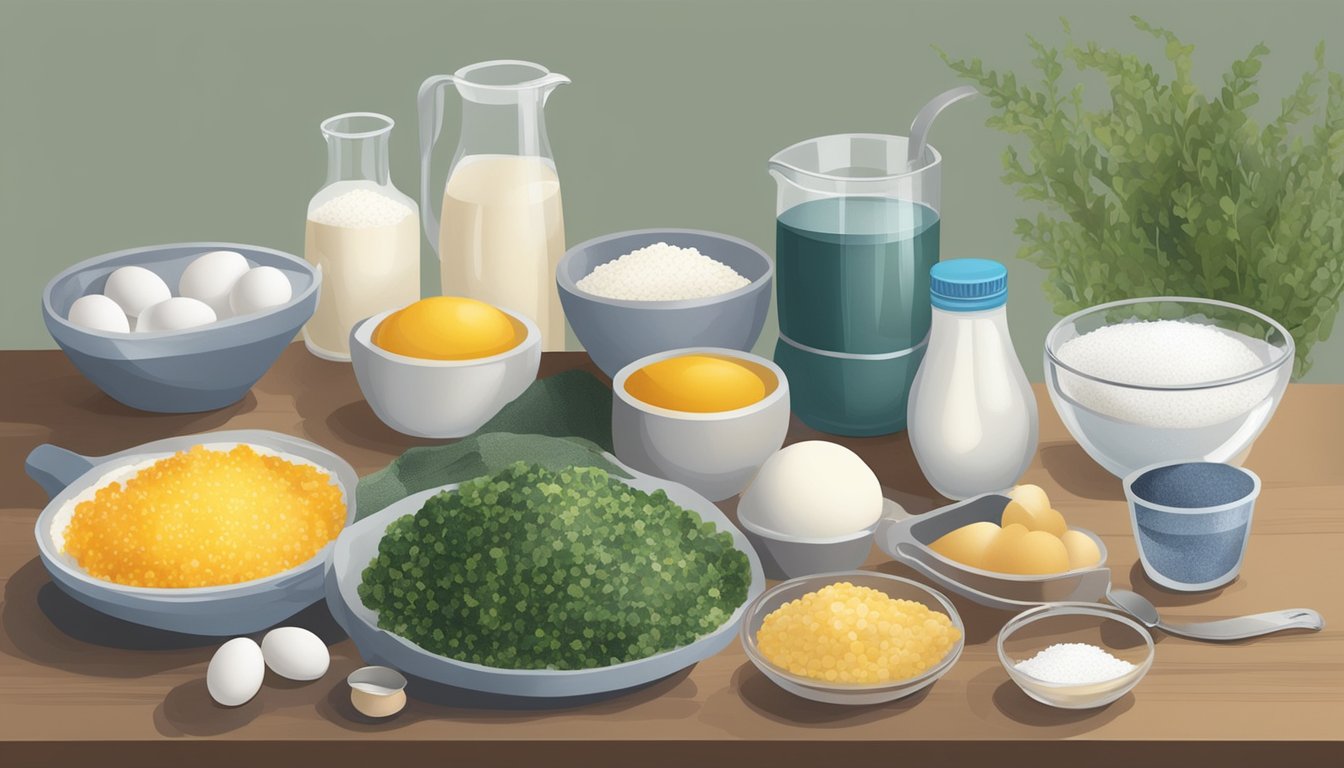 A variety of non-dairy foods rich in iodine, such as seaweed, fish, and eggs, arranged on a table with a measuring cup of iodized salt