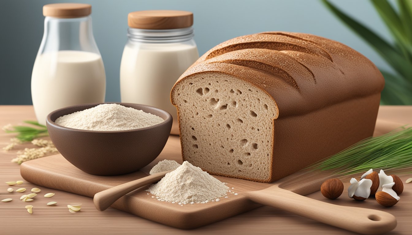 A loaf of teff flour bread surrounded by lactose-free ingredients like almond milk, coconut oil, and flaxseed