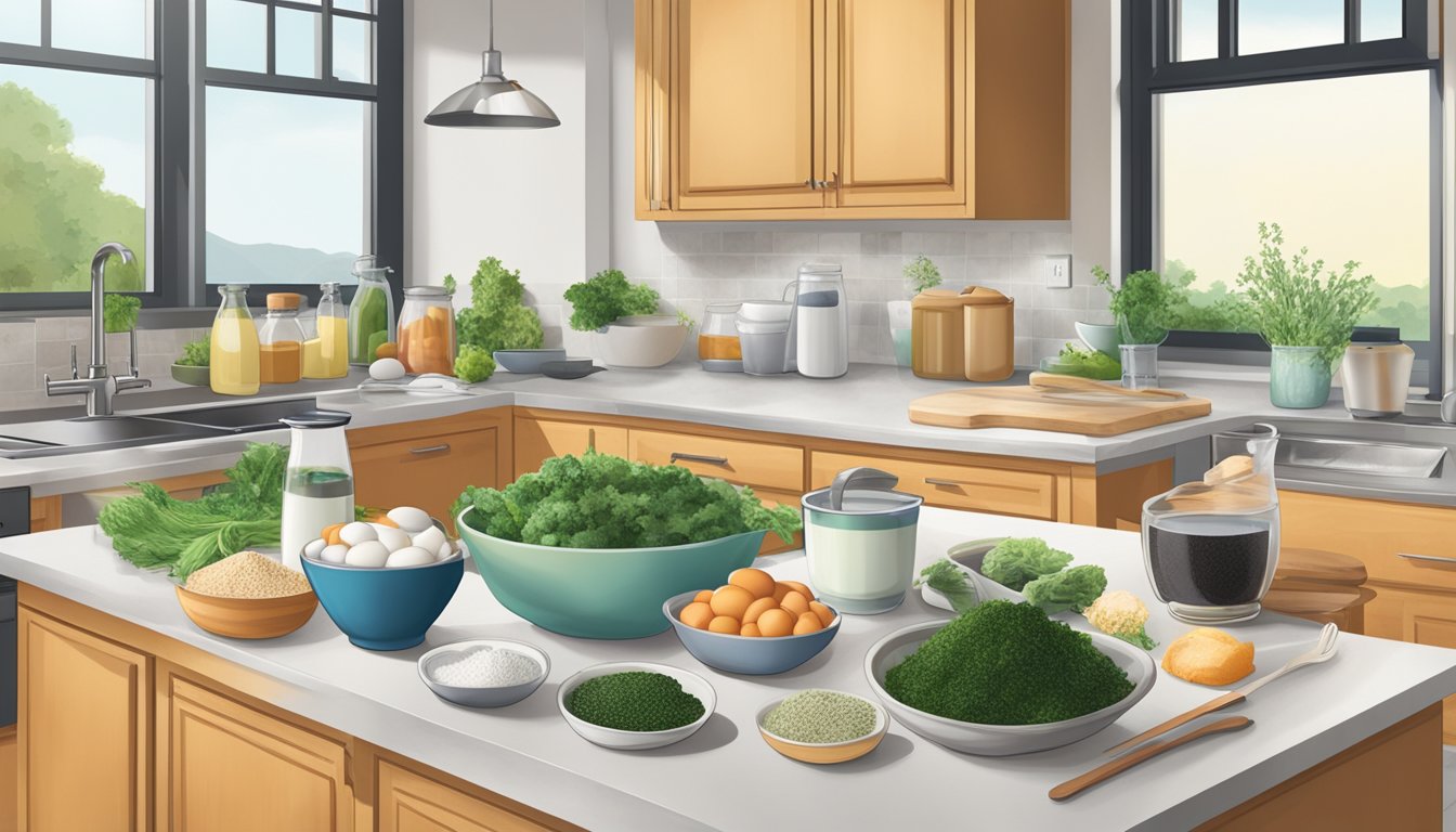 A kitchen counter with a variety of iodine-rich foods such as seaweed, fish, eggs, and fortified non-dairy milk alternatives