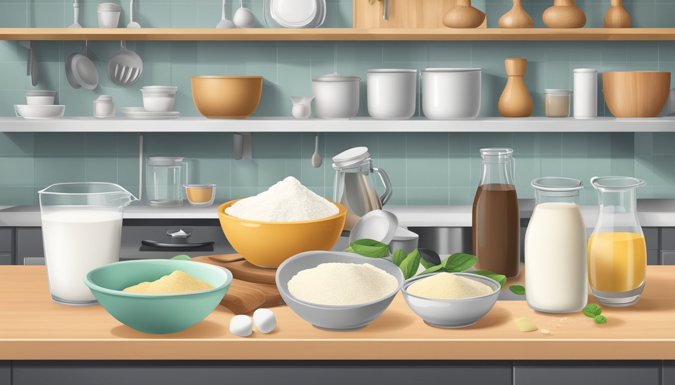 A kitchen counter with various ingredients and utensils for baking, including lactose-free flour, non-dairy milk, and a mixing bowl