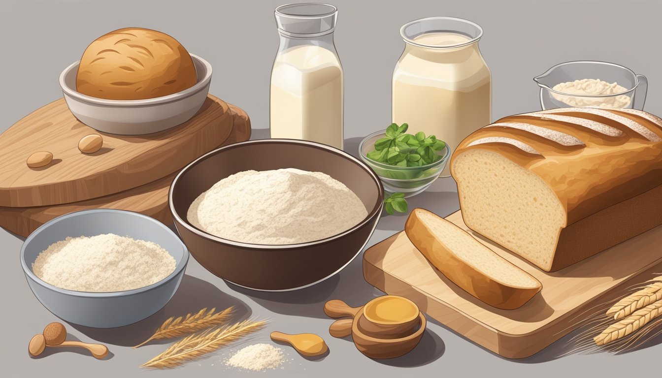 A kitchen counter with various ingredients like flour, yeast, and dairy-free milk, with a mixing bowl and a loaf of freshly baked lactose-free bread