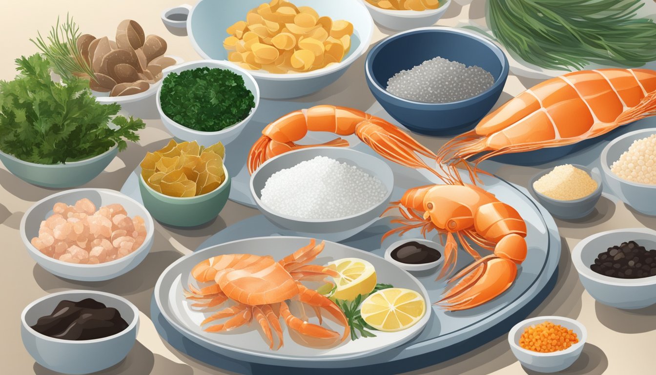 A variety of iodine-rich foods such as seafood, seaweed, and iodized salt arranged on a kitchen counter