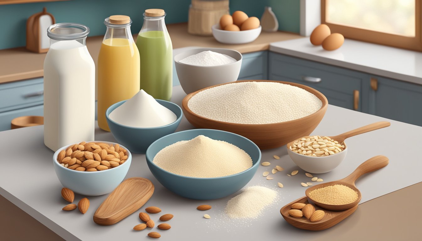 A kitchen scene with various milk alternatives (almond, soy, oat) and lactose-free baking ingredients (flour, sugar, eggs) laid out on a counter