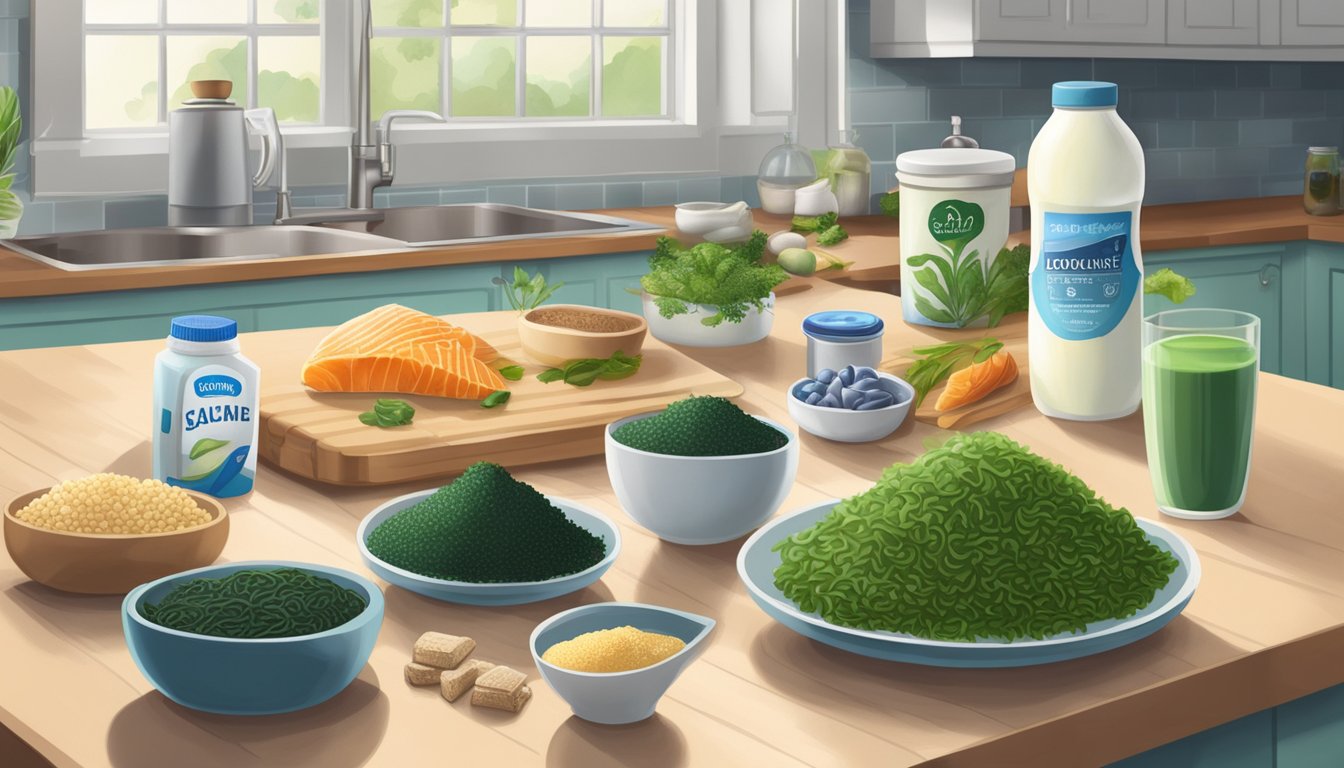 A variety of iodine-rich foods such as seaweed, fish, and fortified non-dairy milk are displayed on a kitchen counter