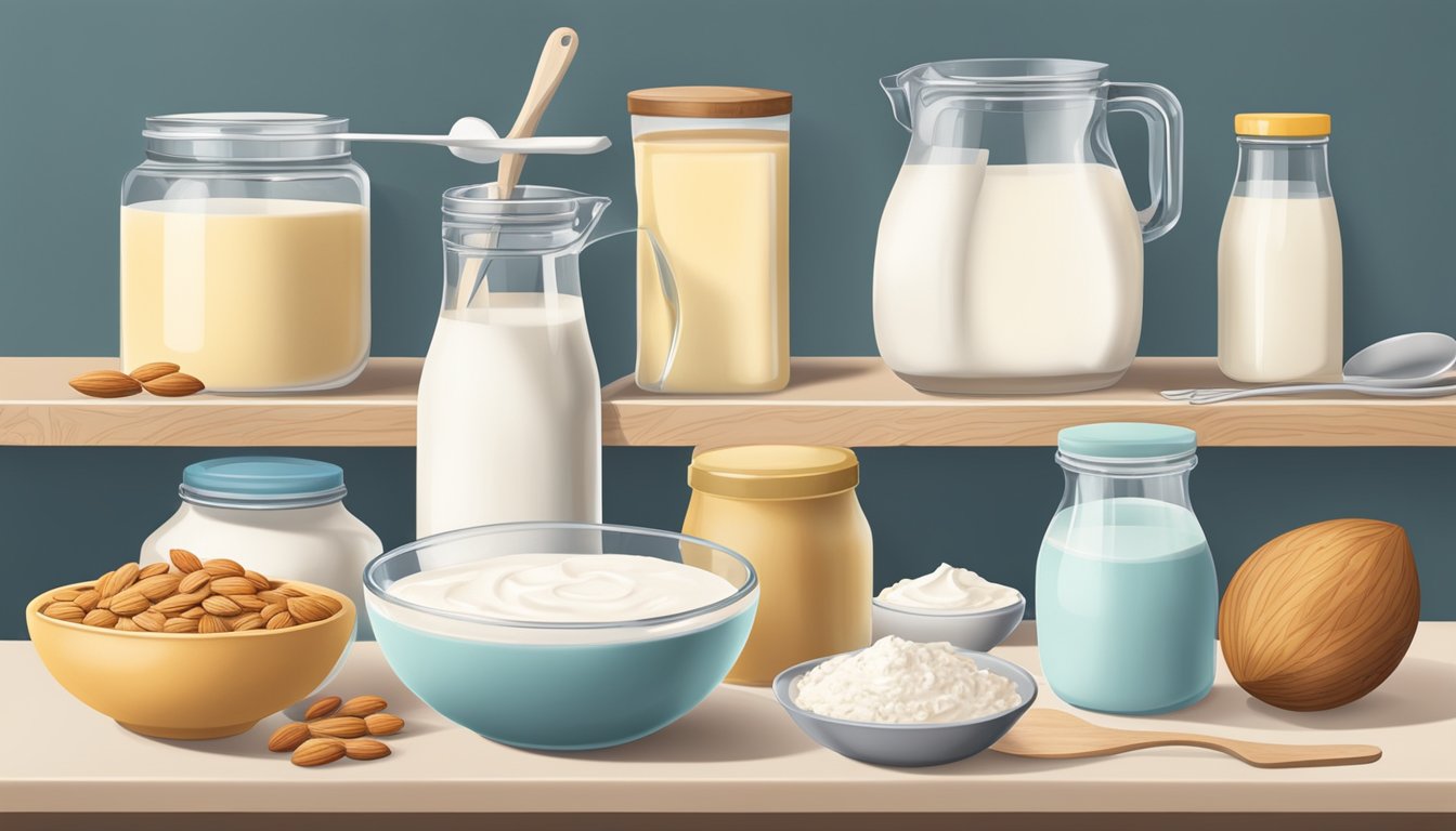 A kitchen counter with a variety of lactose-free ingredients such as almond milk, dairy-free butter, and coconut yogurt, alongside baking utensils and mixing bowls