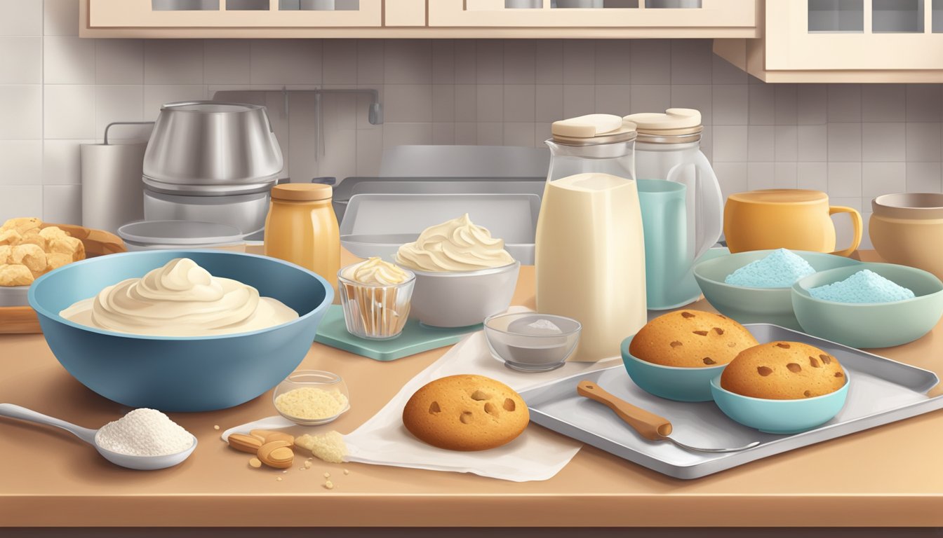 A kitchen counter with various lactose-free ingredients and baking tools, a mixing bowl filled with batter, and a tray of freshly baked lactose-free desserts