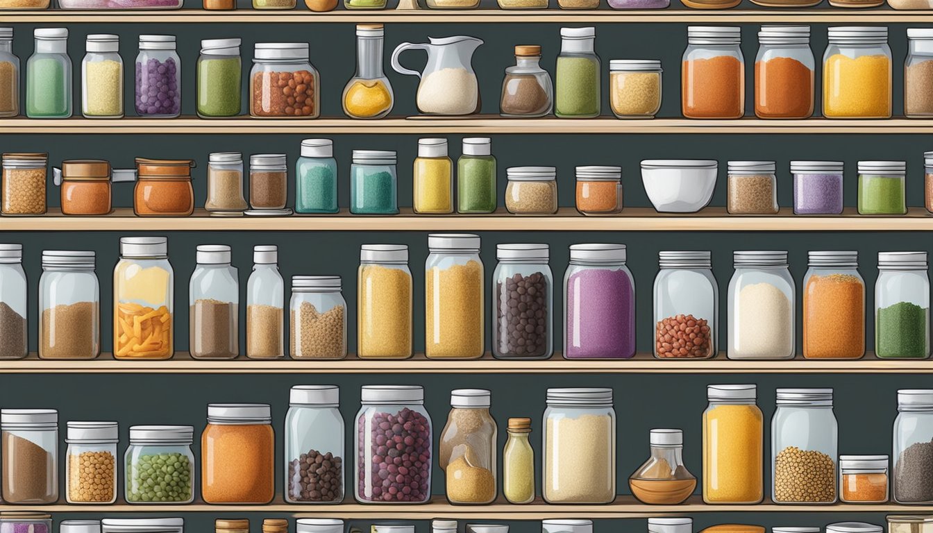 A variety of colorful spices and seasoning jars arranged on a clean, organized kitchen counter, with various lactose-free baking ingredients nearby