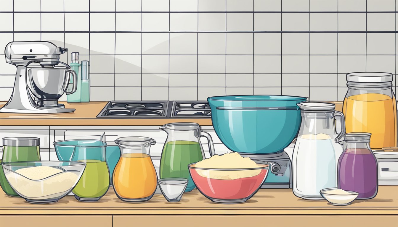 A kitchen counter with lactose-free ingredients, measuring cups, and mixing bowls ready for baking