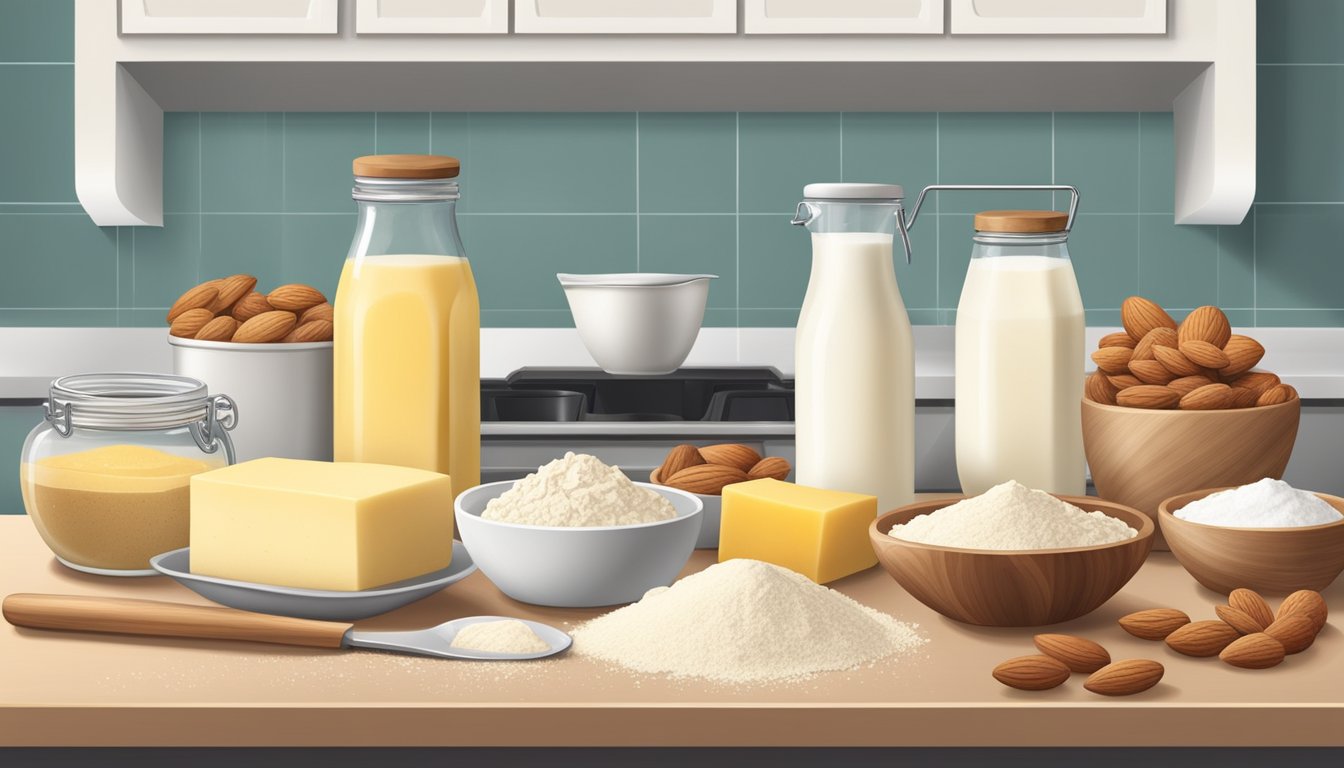 A kitchen counter with lactose-free ingredients, such as almond milk, dairy-free butter, and gluten-free flour, laid out for baking