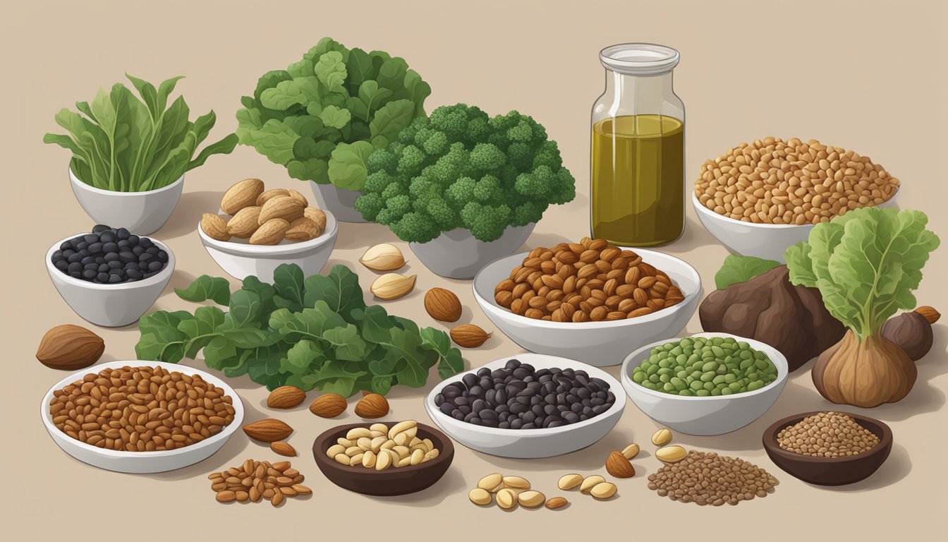 A variety of manganese-rich foods displayed on a table, including nuts, seeds, leafy greens, and legumes