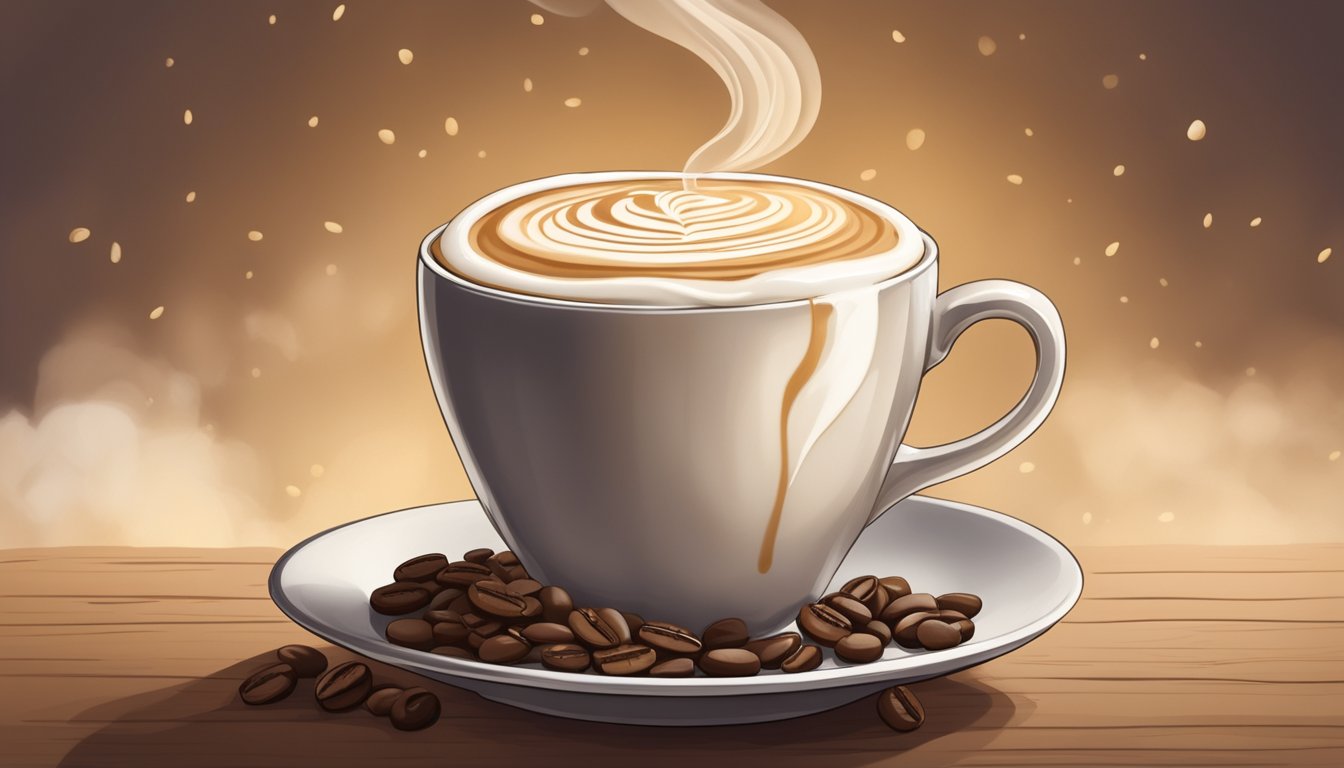 A steaming cup of coffee with a dollop of lactose-free creamer swirling into a creamy swirl against a backdrop of coffee beans and a rustic mug