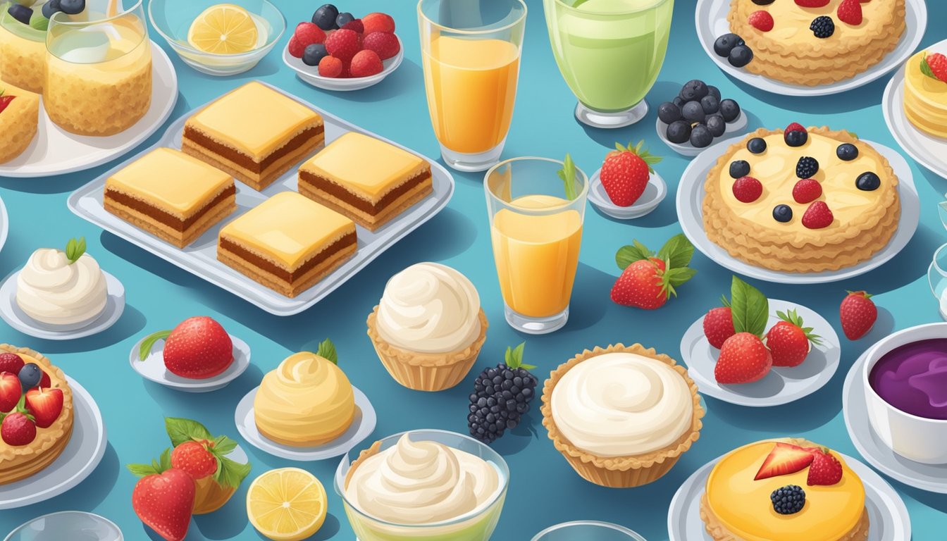 A table set with an array of colorful and delicious lactose-free desserts, including fruit tarts, coconut milk ice cream, and almond flour cookies