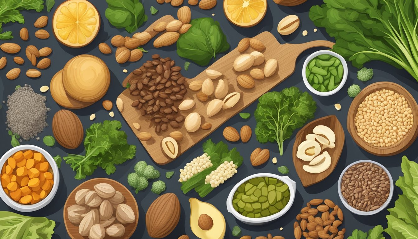 A variety of foods rich in manganese, such as nuts, seeds, whole grains, and leafy green vegetables, arranged on a wooden cutting board