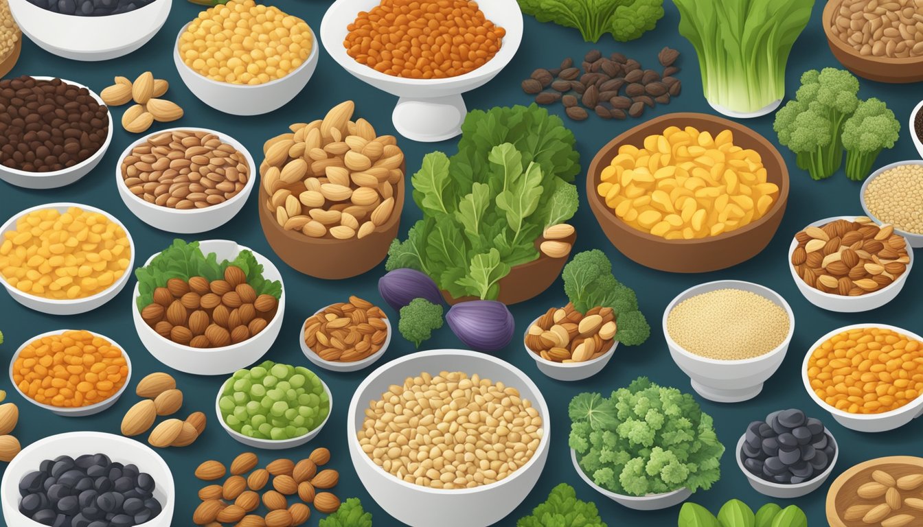 A variety of non-dairy foods rich in manganese, such as nuts, seeds, whole grains, and leafy green vegetables, arranged in a colorful and appealing display