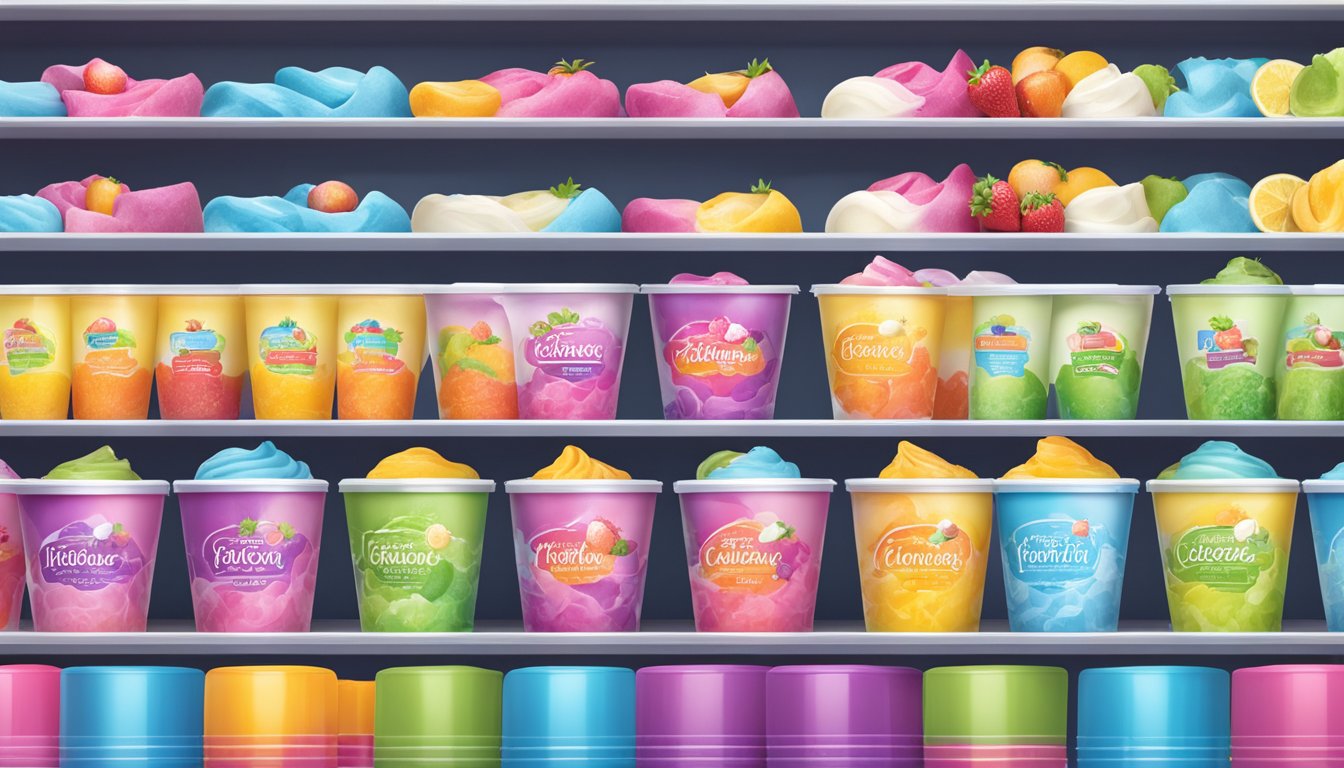 A colorful frozen yogurt shop display with various lactose-free options in vibrant packaging