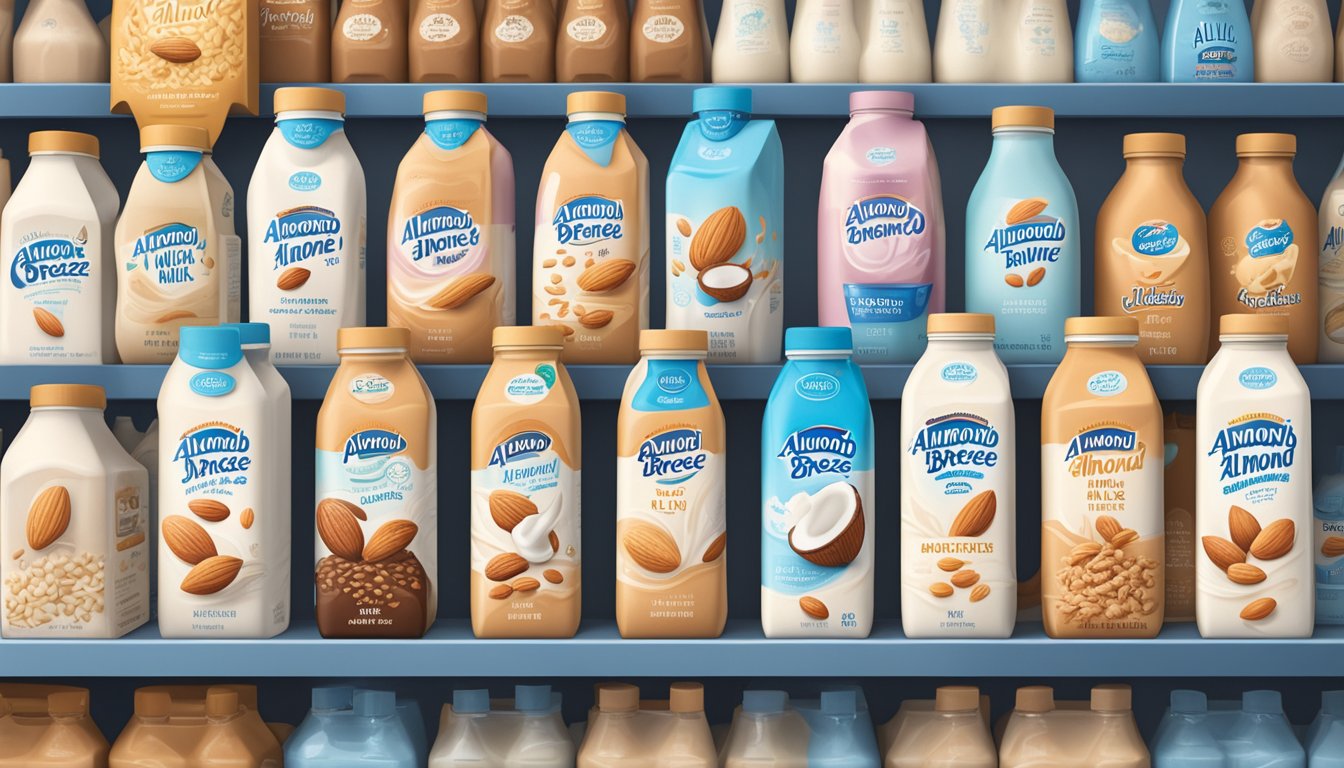 A carton of Almond Breeze Almond Milk surrounded by various lactose-free milk alternatives such as soy, oat, and coconut milk on a grocery store shelf