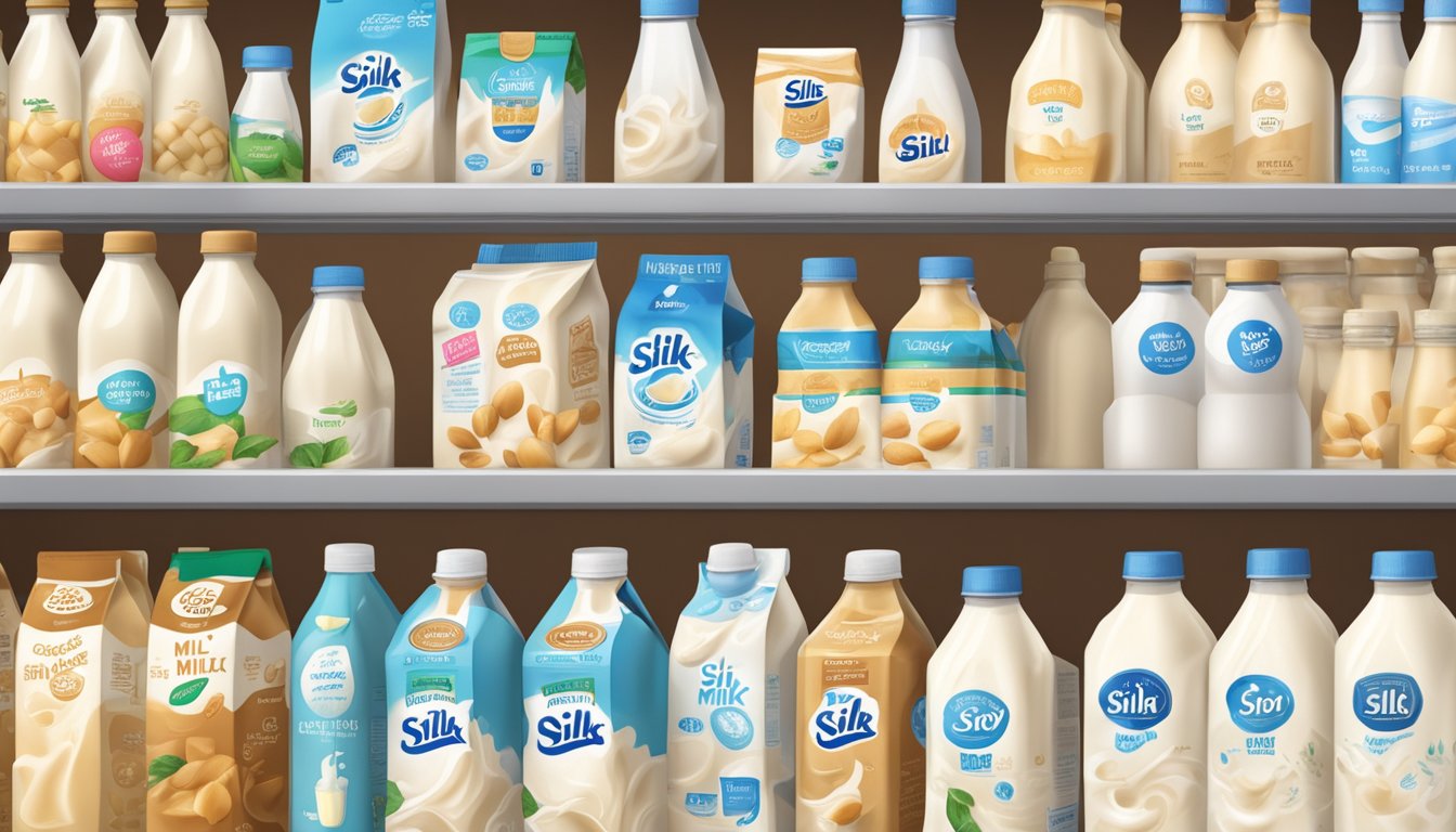 A carton of Silk Soy Milk surrounded by various lactose-free milk alternatives on a supermarket shelf