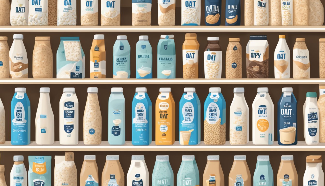 A carton of Oatly Oat Milk surrounded by various lactose-free milk alternatives on a grocery store shelf