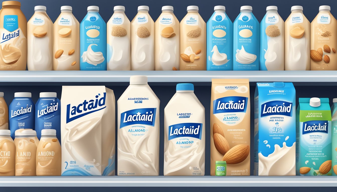 A carton of Lactaid Lactose-Free Milk surrounded by various lactose-free milk alternatives such as almond, soy, and oat milk on a grocery store shelf