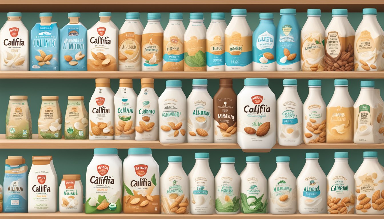 A carton of Califia Farms Almond Milk surrounded by various lactose-free milk alternatives on a grocery store shelf