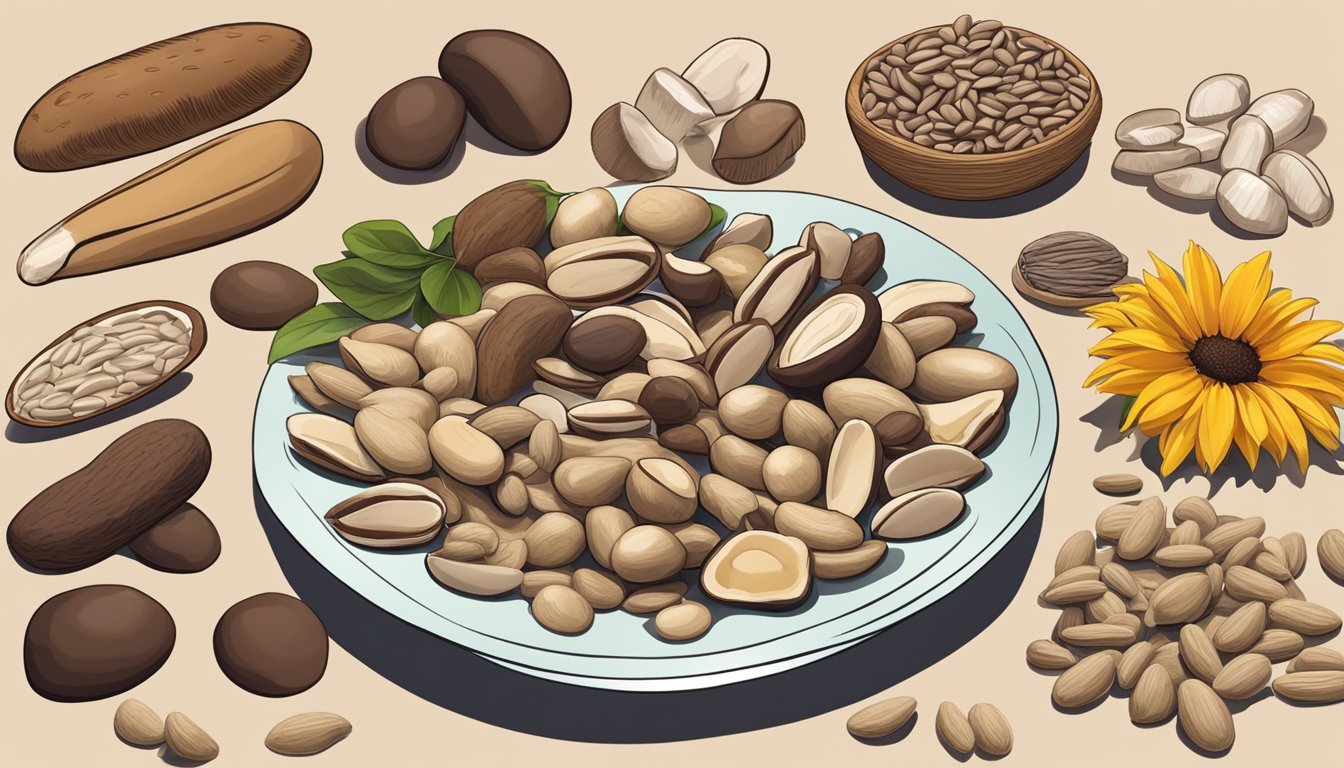 A variety of selenium-rich foods, such as Brazil nuts, sunflower seeds, and mushrooms, arranged on a lactose-free diet-friendly table