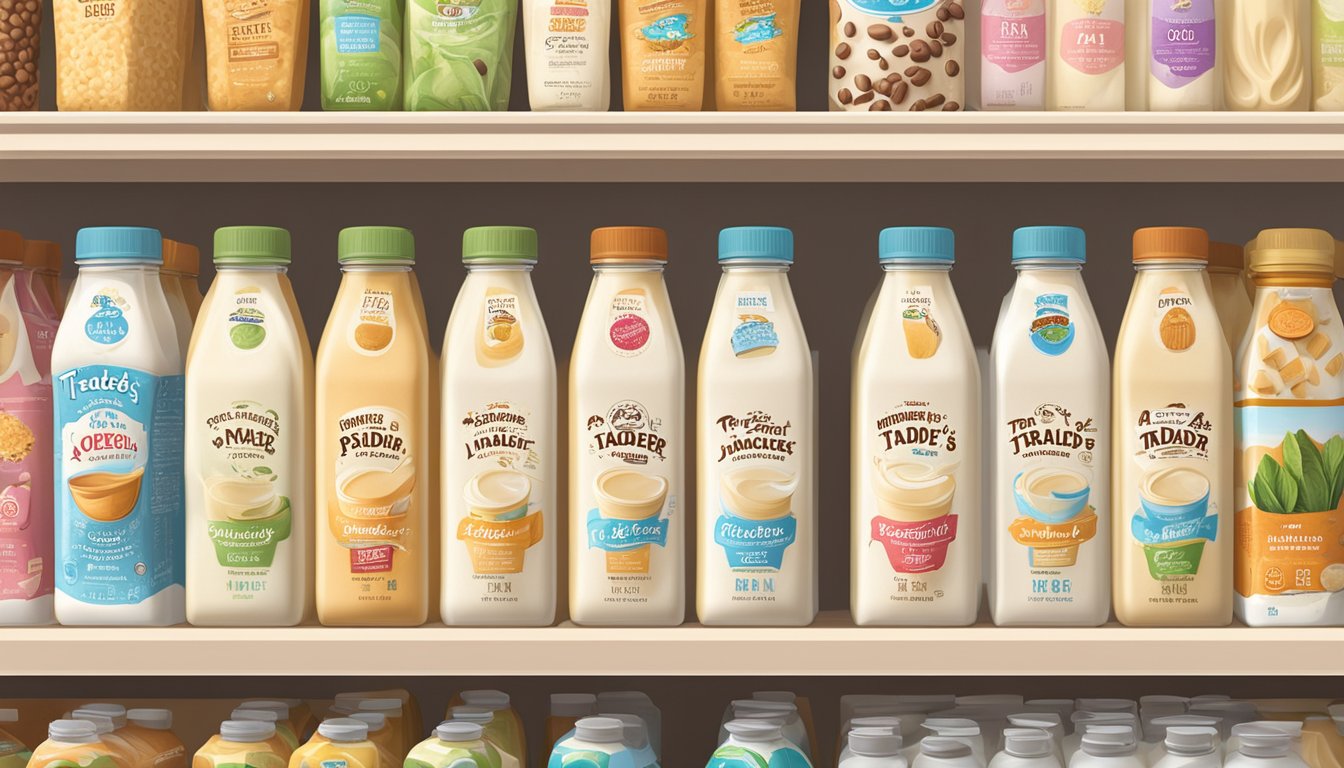 A carton of Trader Joe's Soy Milk surrounded by various lactose-free milk alternatives on a grocery store shelf