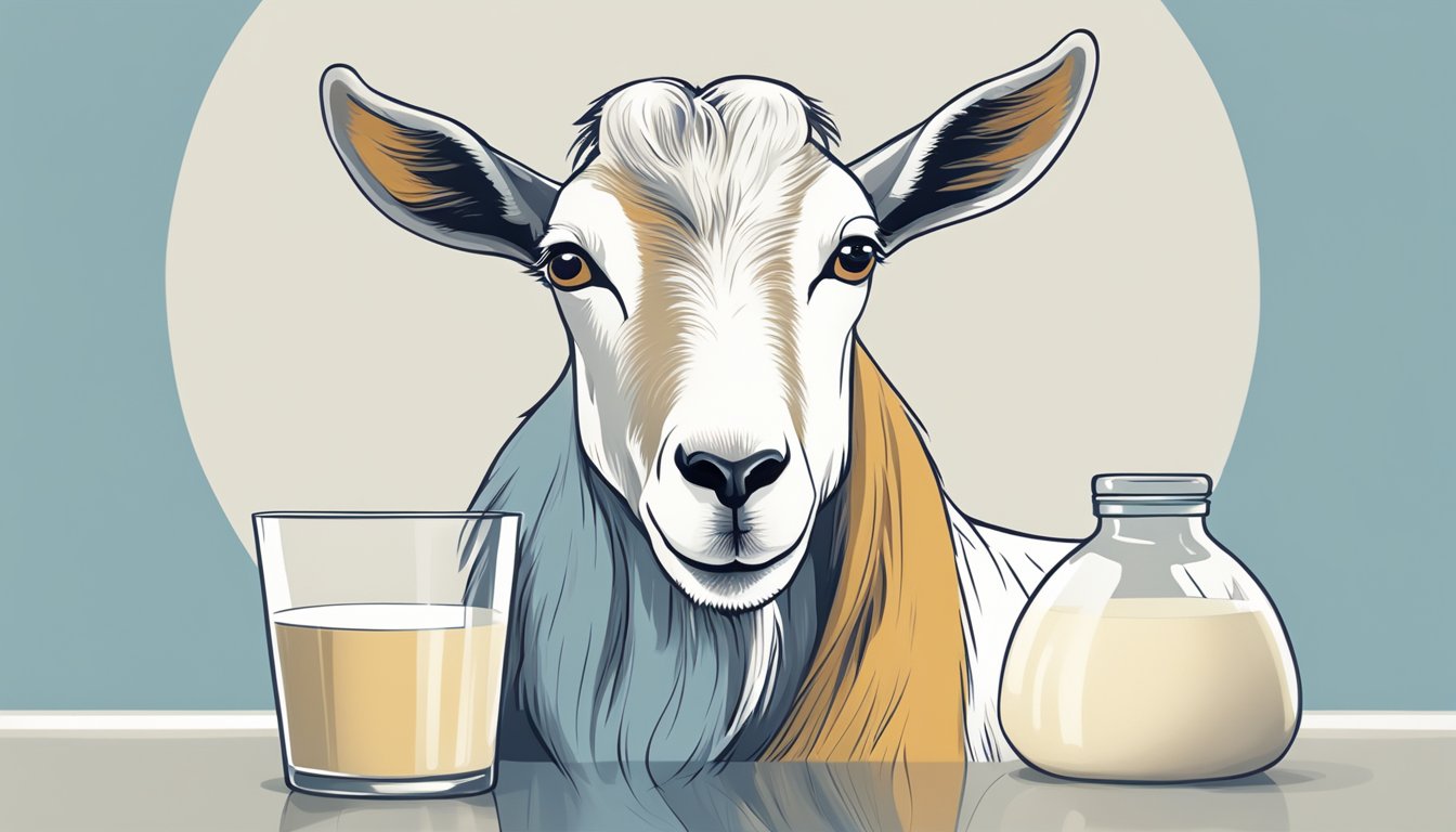 A goat standing next to a glass of milk, with a lactose intolerance symbol crossed out in the background