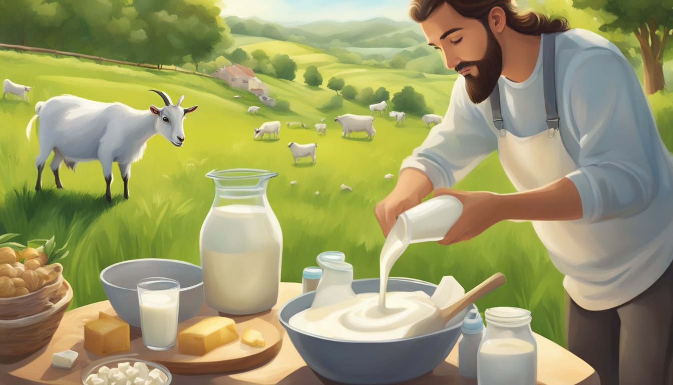 A person pouring goat milk into a glass, surrounded by various dairy products and a goat grazing in a lush green pasture