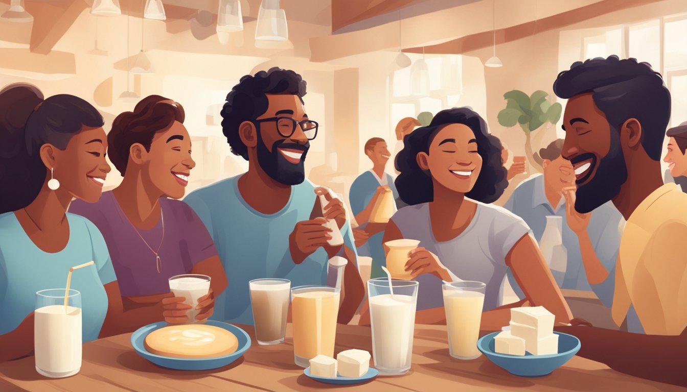 A diverse group of people enjoying various dairy products, with a focus on a person happily drinking goat's milk