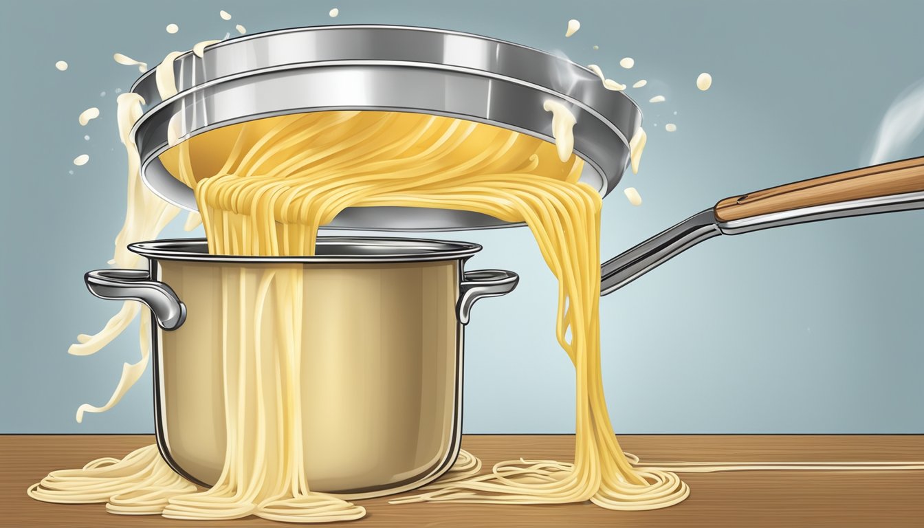 A pot of boiling pasta with a rich, creamy lactose-free sauce being poured over it, steam rising from the pot