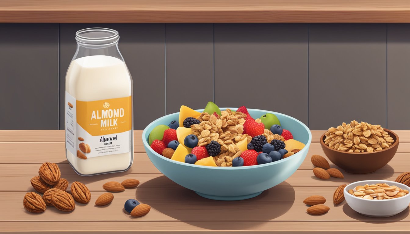 A bowl of colorful fruits and nuts, alongside a pack of MadeGood Granola Minis, sits on a wooden table. A glass of lactose-free almond milk is placed next to the snacks