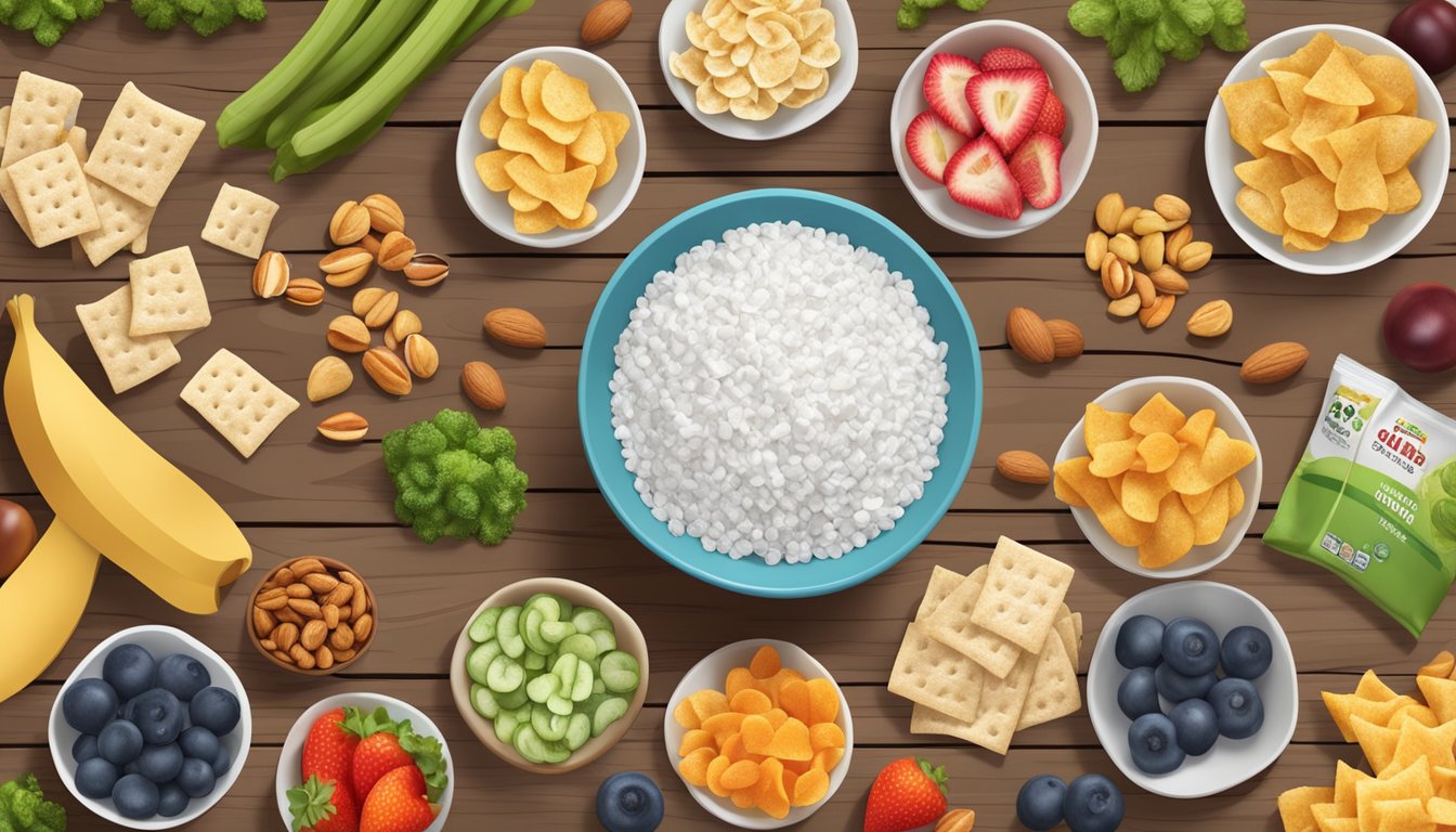 A bowl of Popcorners Sea Salt chips surrounded by a variety of lactose-free snacks such as nuts, fruits, and vegetables on a wooden table