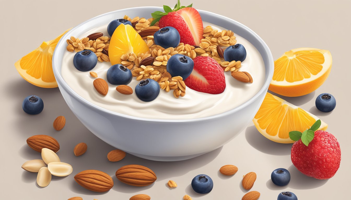 A bowl of Kite Hill Almond Milk Yogurt surrounded by fresh fruit, nuts, and granola