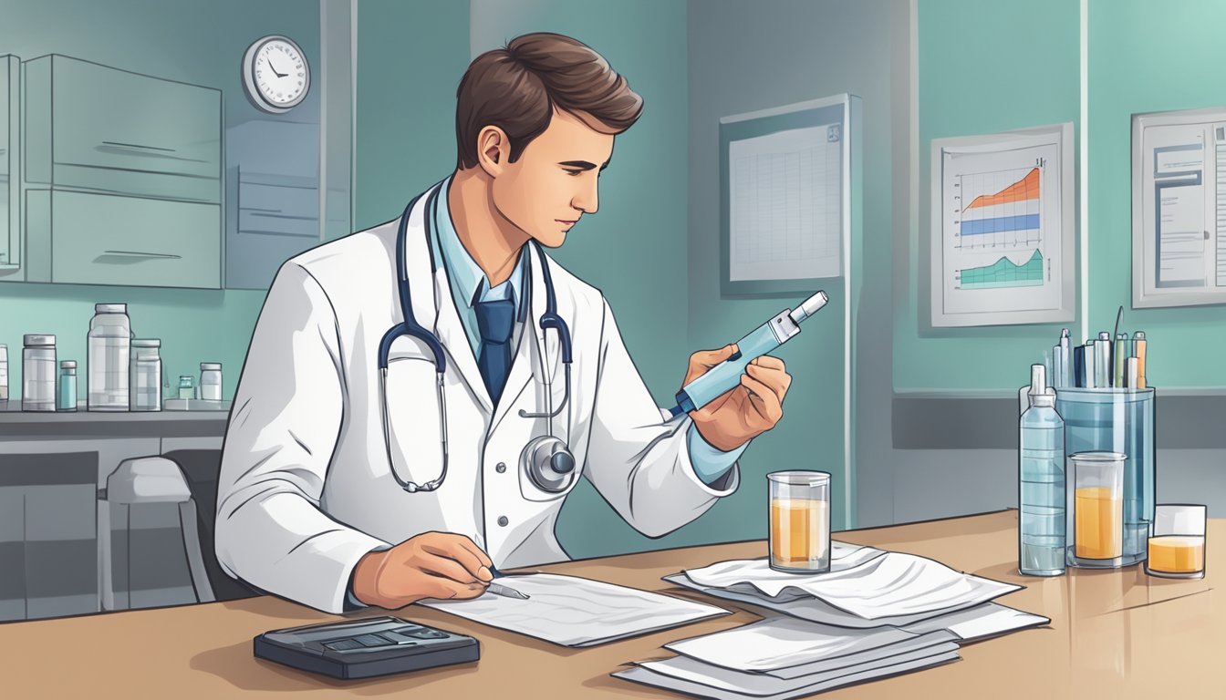 A doctor performing a lactose intolerance test on a patient using a breath test or a blood test