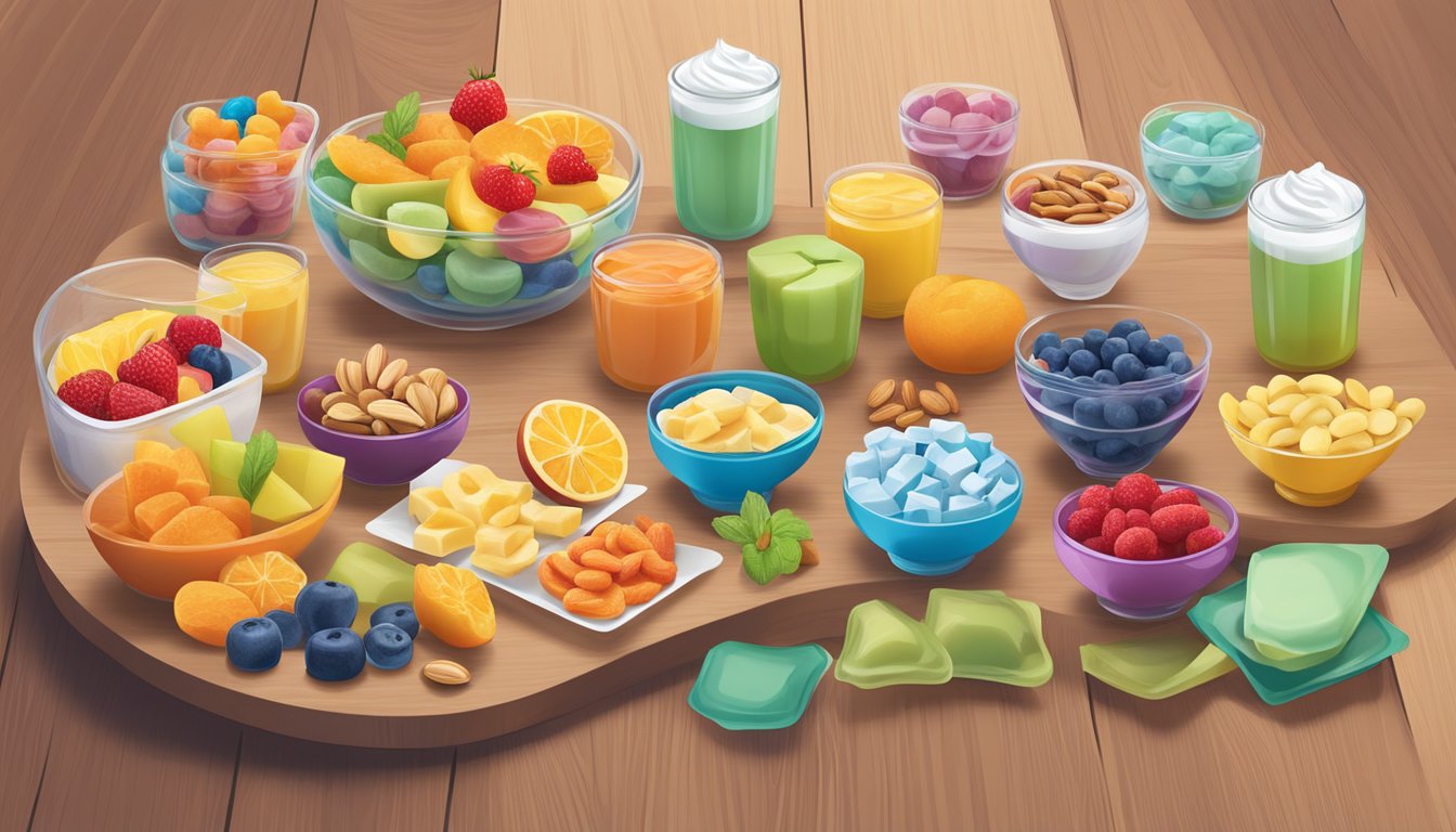 A colorful array of lactose-free snack options, including Smart Sweets Gummies, fresh fruit, nuts, and dairy-free yogurt cups, displayed on a wooden table