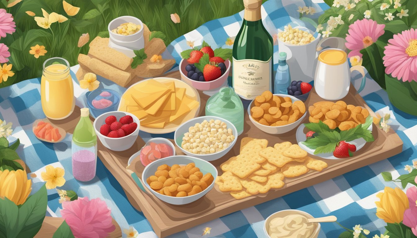 A picnic blanket spread with an assortment of lactose-free snacks, surrounded by lush greenery and blooming flowers