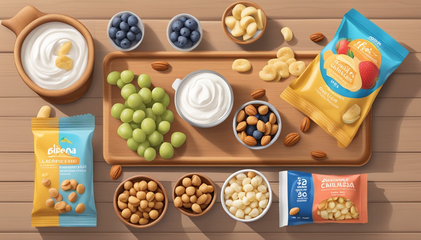 A colorful array of lactose-free snack options, including Biena Chickpea Snacks, fresh fruit, nuts, and dairy-free yogurt, displayed on a wooden serving board