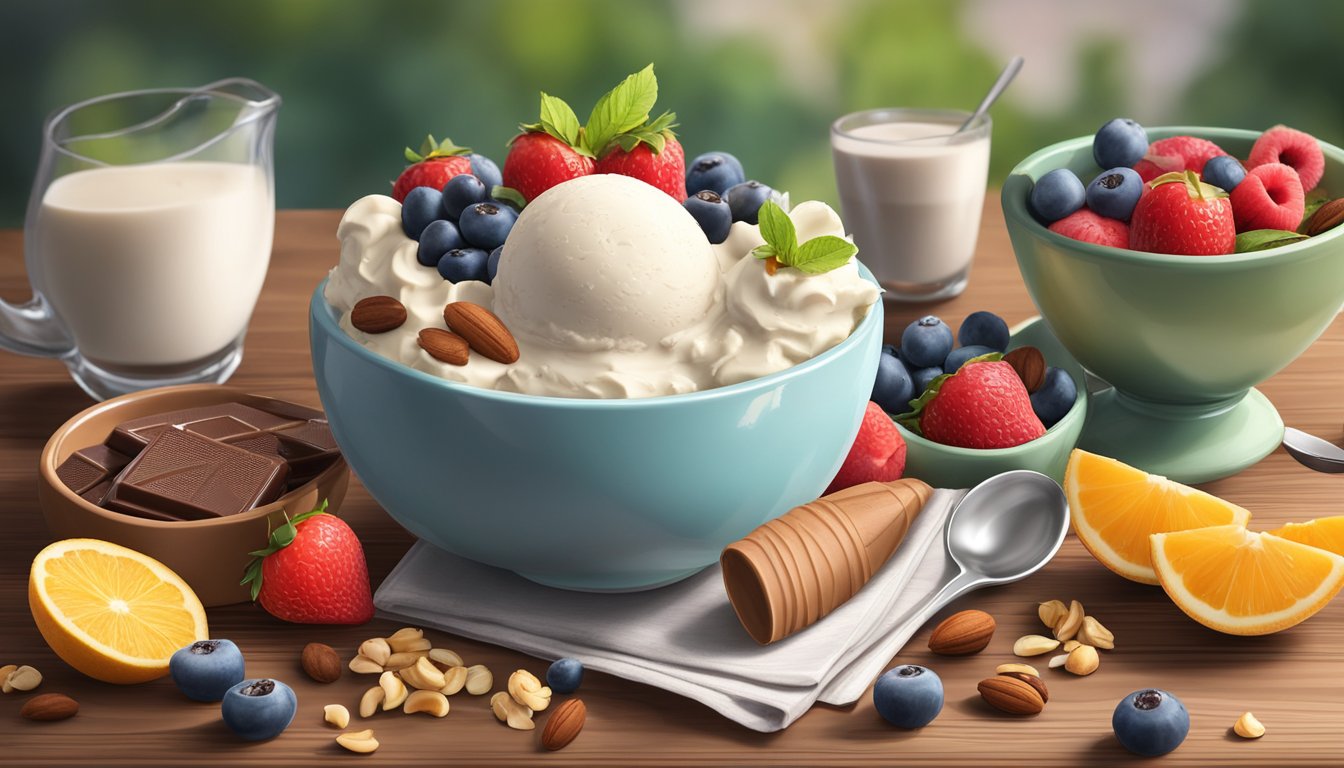 A bowl of coconut milk ice cream surrounded by fresh fruit, nuts, and dairy-free chocolate, all arranged on a wooden table