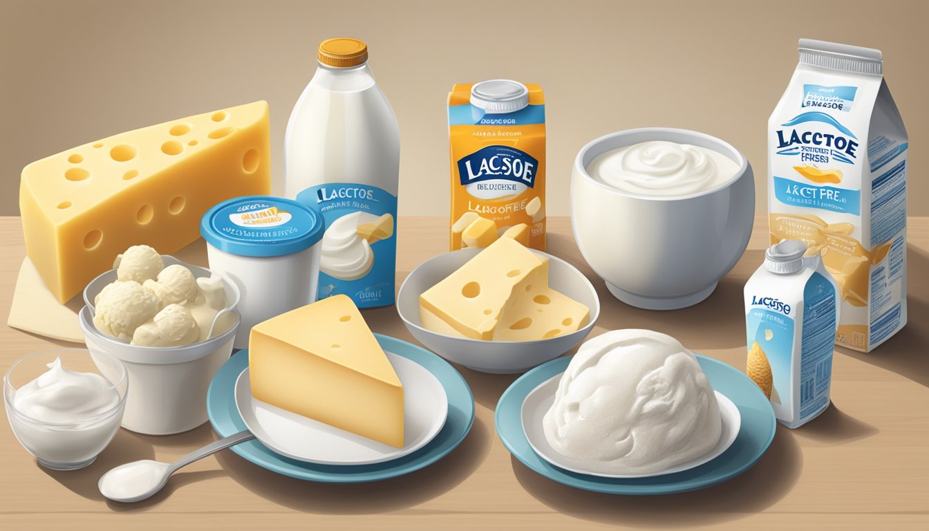 A variety of lactose-free products arranged on a table, including milk, cheese, yogurt, and ice cream, with a "lactose-free" label prominently displayed