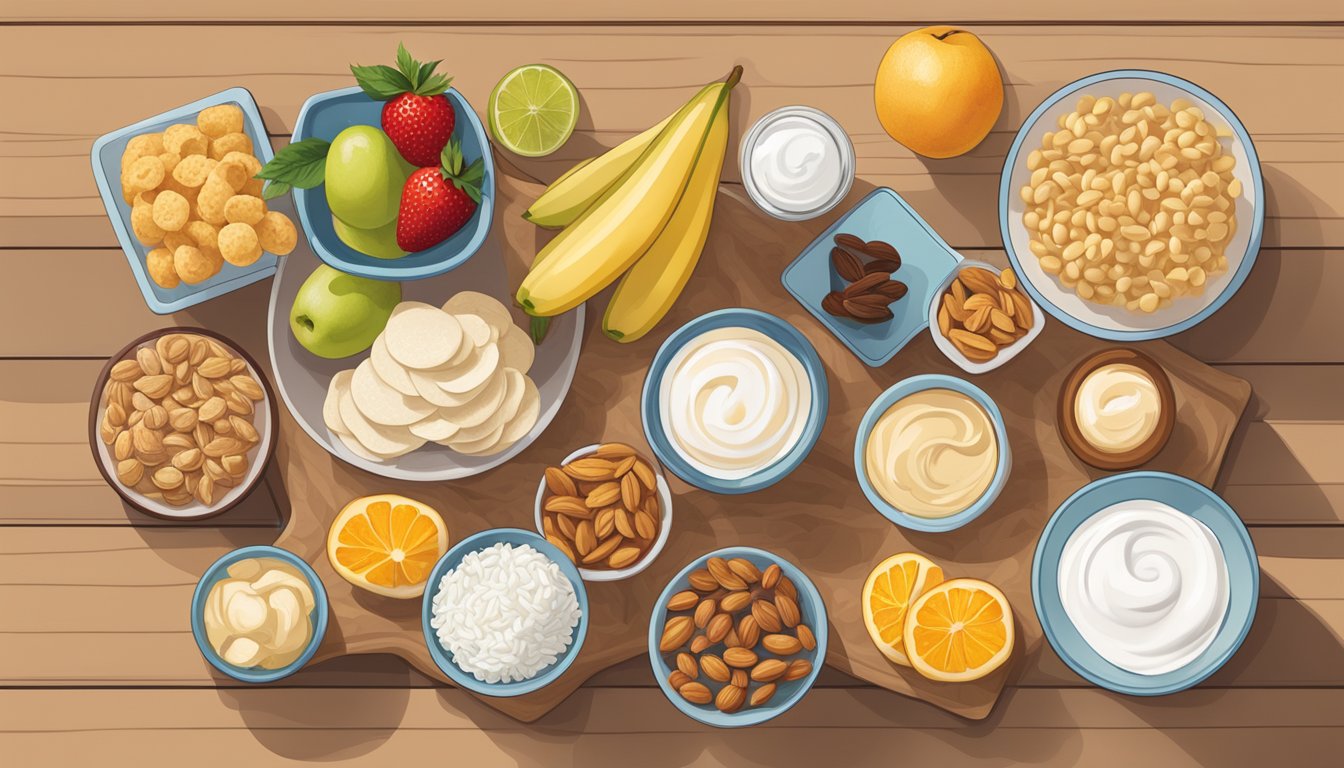 A table filled with lactose-free snack options: fruits, nuts, rice cakes, hummus, and dairy-free yogurt