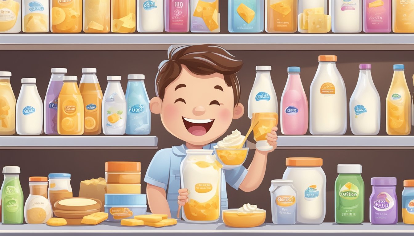 A person happily enjoying a variety of lactose-free products, including milk, cheese, and yogurt, with a smile on their face