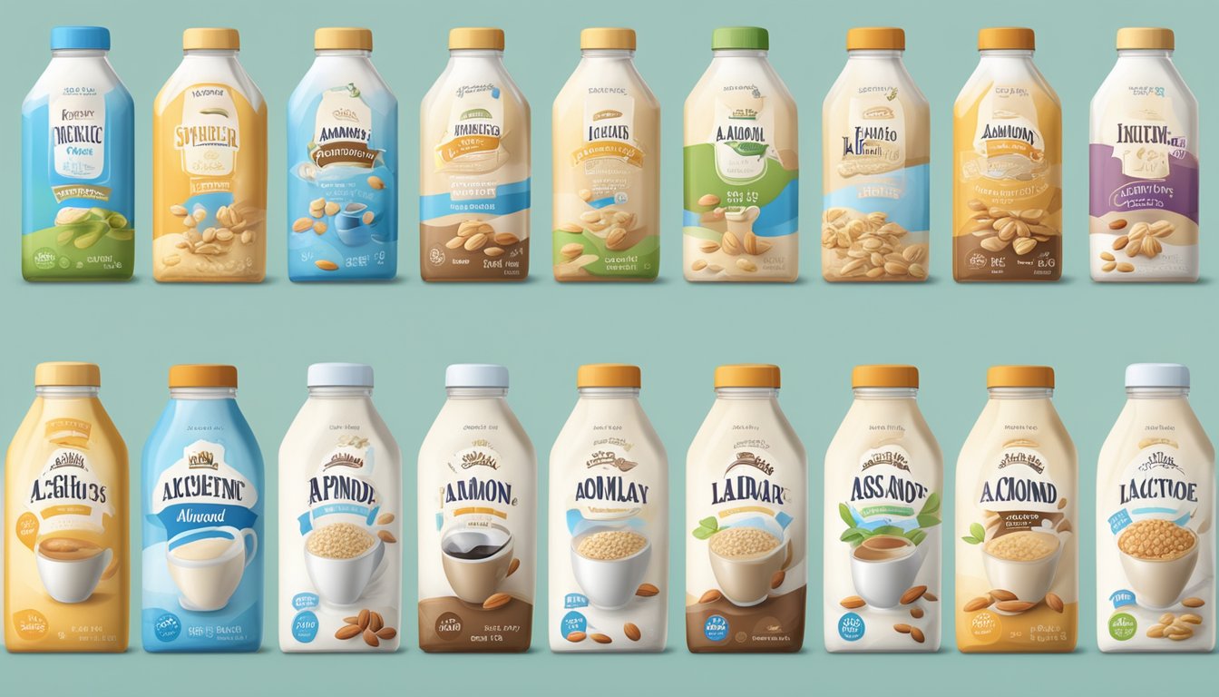 A variety of non-dairy milk options (soy, almond, oat, etc.) displayed on a table with a "lactose-free" label